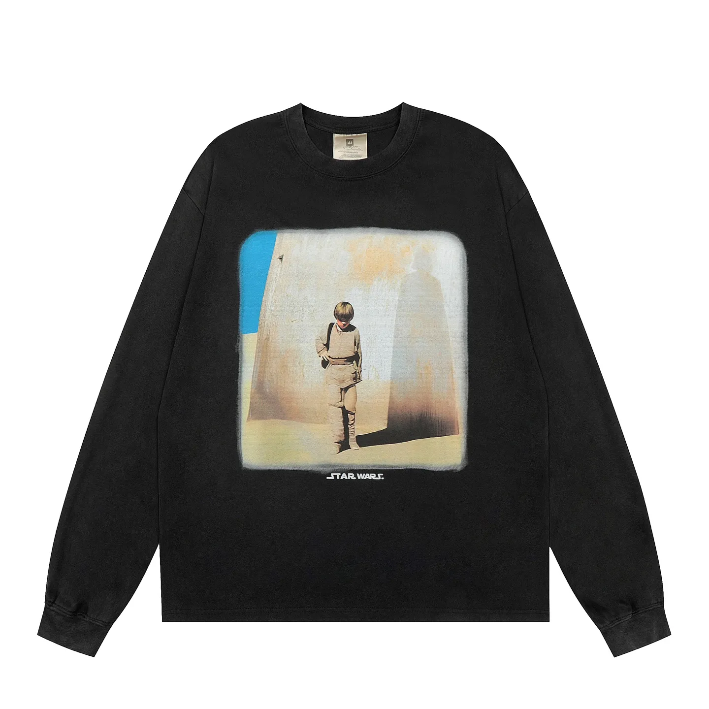 VT438 P160💰 Saint Michael 25SS new "STAY HERE" Star Wars joint letter print direct-injection printing retro washed distressed long-sleeved T-shirt small neck design digital direct-injection printing high street retro heavy distressed washed Vintage long sleeves Size: S M L XL